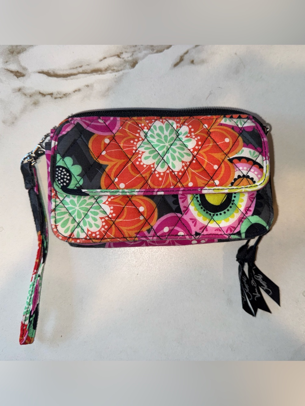 Vera Bradley Multicolor Floral Quilted Wristlet - Orange Pink Green Black